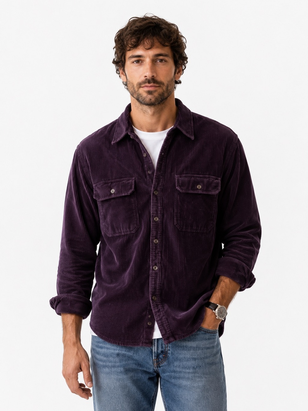 St Johns Bay Corduroy Heavyweight Shirt Jacket Men’s XL Plum Ribbed Coat 90s